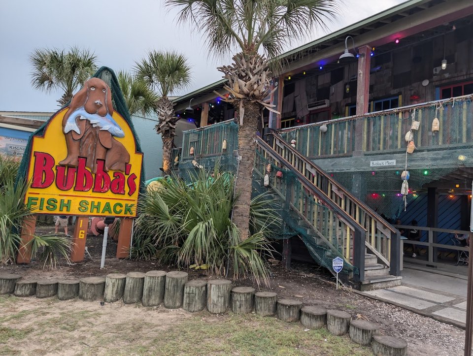 Rustic seafood shack with maritime decor.