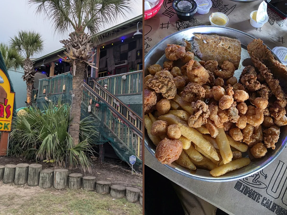 Southern seafood plates on a casual table.