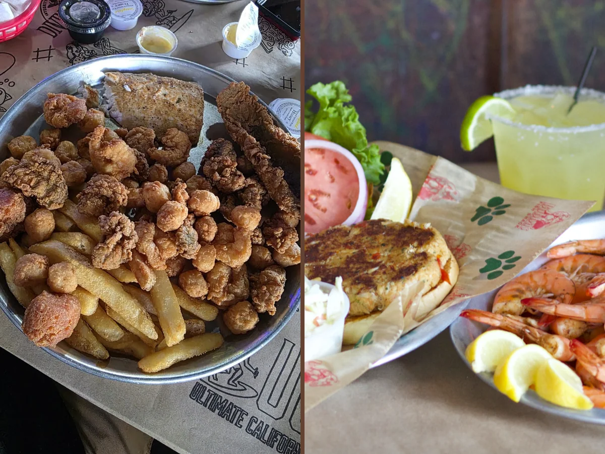 Rustic seafood shack with maritime decor.