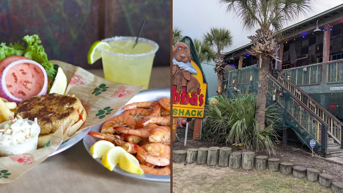 Rustic seafood shack with maritime decor.