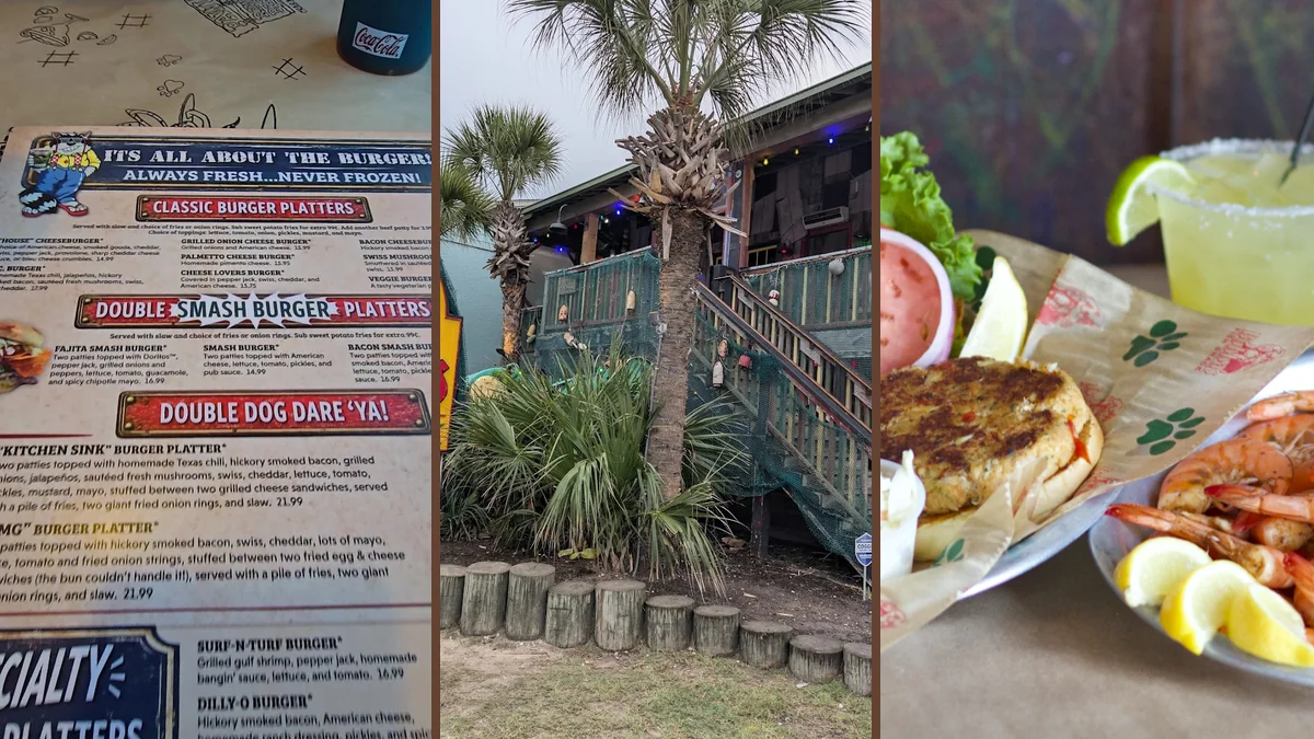 Rustic seafood shack with maritime decor.